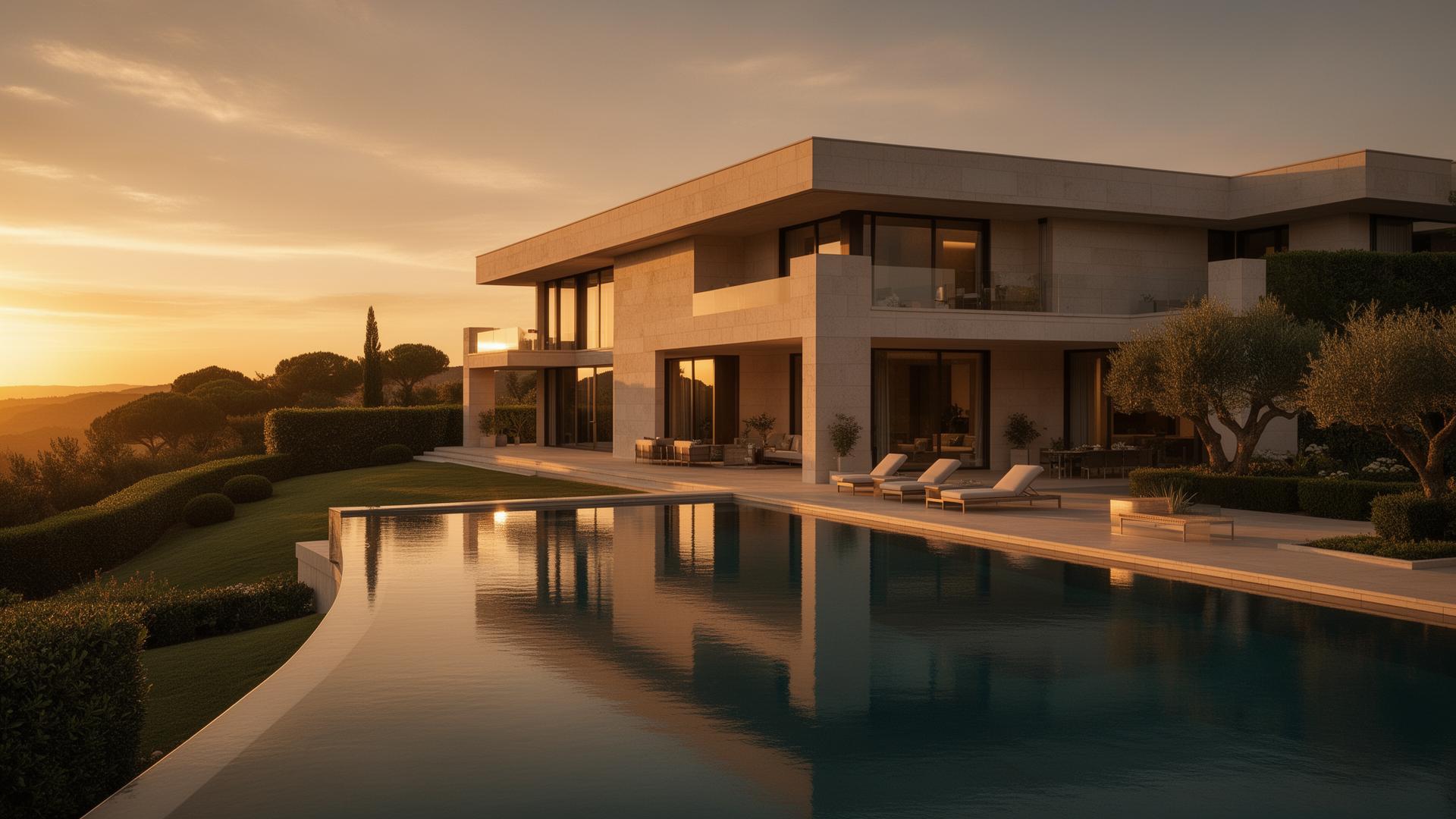 Luxury modern villa at golden hour with infinity pool